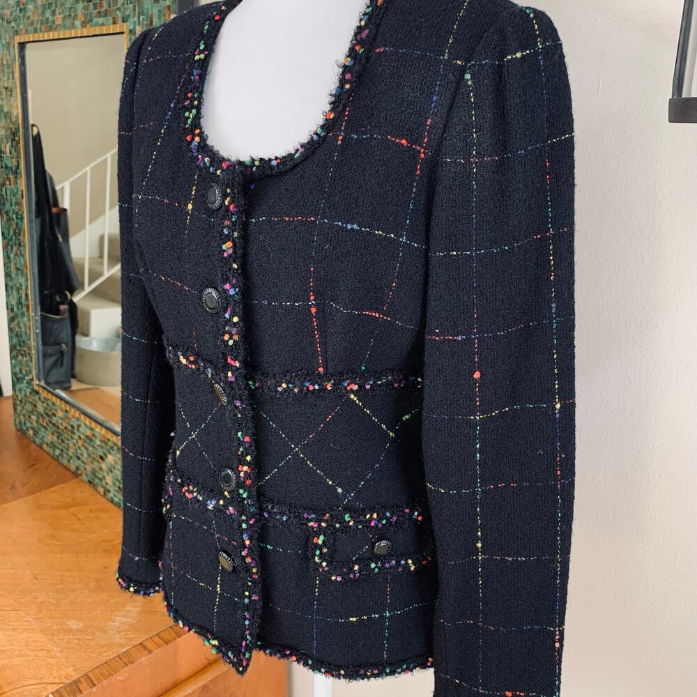 Vintage Rickie Freeman Size 8 Wool Tweed Blazer Jacket Black Colorful Fringe - Picture 4 of 13